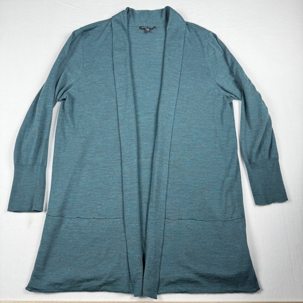 Eileen Fisher Merino Wool Cardigan XL Teal Blue Minimalist Open Front Longline